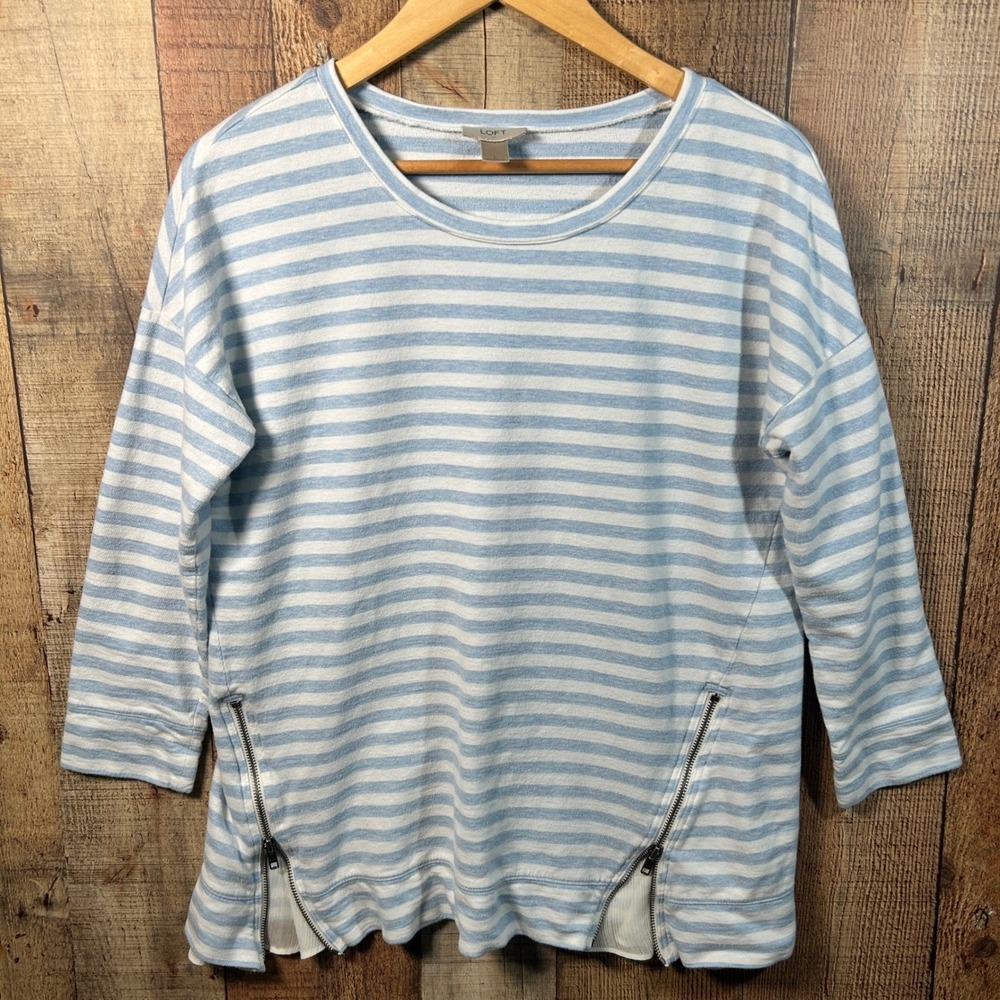 LOFT Light Blue White Striped Side Zip Sweatshirt Nautical Coastal Top Large L